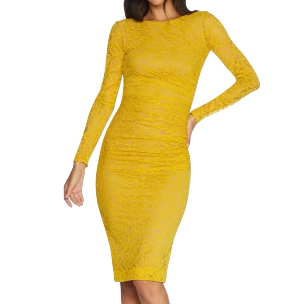 Dress the Population Mona Lace Body-Con Dress L Canary Party Cocktail Midi NEW